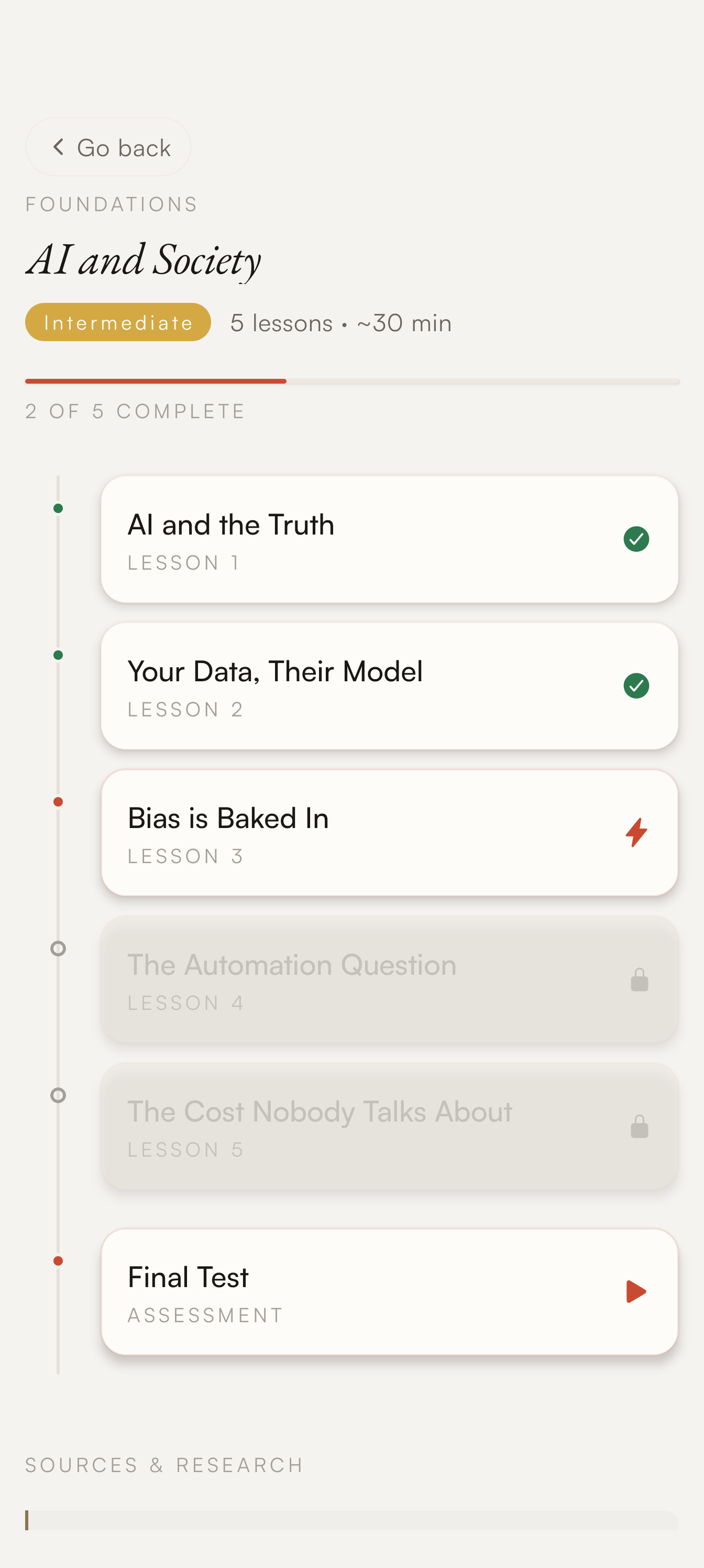 ModelMind course screen showing lesson progress and a final test