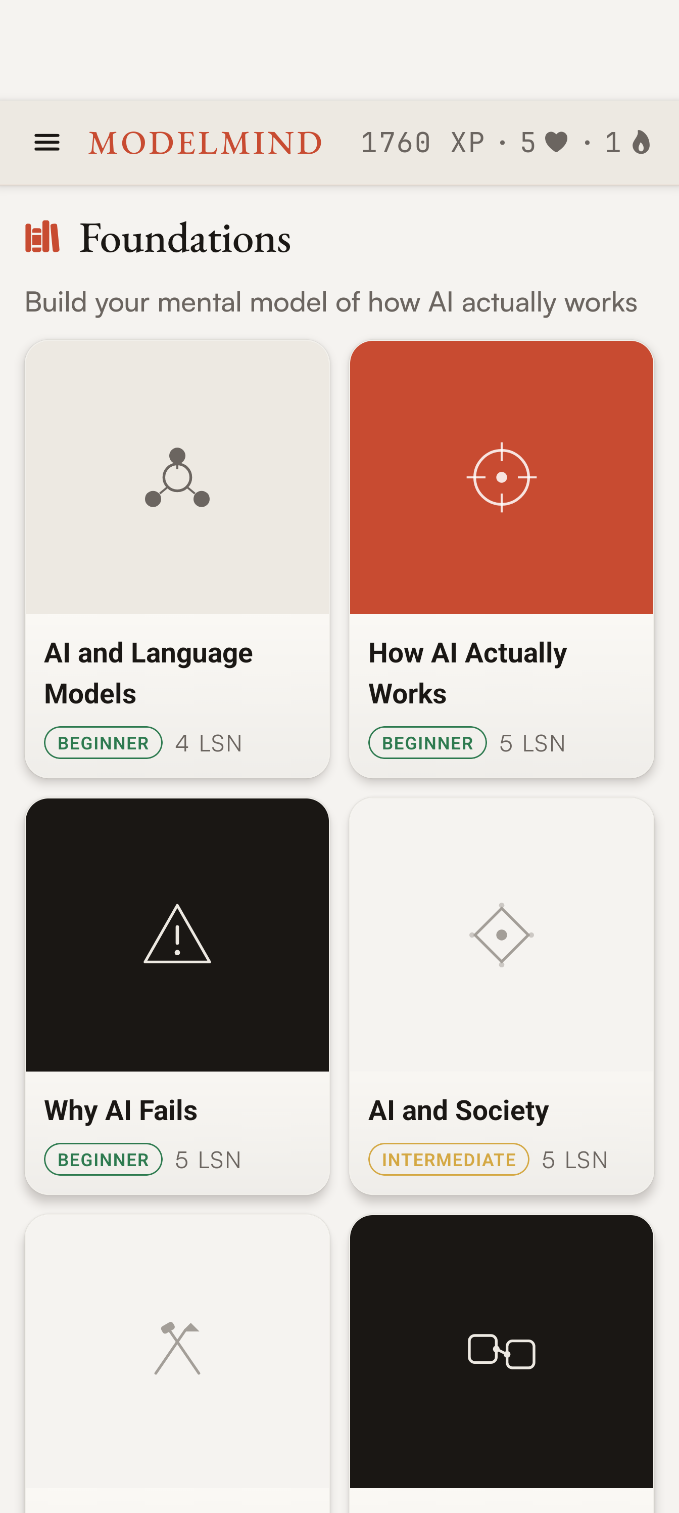 ModelMind curriculum screen showing Foundations course cards